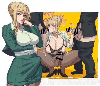 1futa 2boys arm_under_breasts bar_censor black_pants black_shirt black_shoes blonde_hair breasts brown_eyes bulge censored check_commentary clothes_pull commentary_request cum cum_on_body cum_on_breasts cum_on_floor cum_on_hair cum_on_legwear cum_on_upper_body drill_hair erection erection_under_clothes facial fellatio futa_with_male futanari half-closed_eyes handjob large_breasts looking_at_viewer medium_penis mikoyan multiple_boys nipples oral original pants pants_pull pantyhose penis pointless_censoring shirt shoes squatting testicles translation_request white_shirt yellow_background