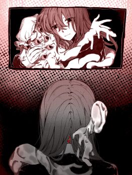 1girl 1other alternate_hair_length_(longer) black_capelet black_eyes black_hair black_shirt body_horror capelet closed_mouth collared_shirt commentary contrast_collar dated_commentary eyes_on_body guro hat highres horror_(theme) hug long_hair long_sleeves looking_at_another maribel_hearn missing_headwear mob_cap monsterification oriharareimu red_theme shirt smile tentacles touhou usami_renko white_hat