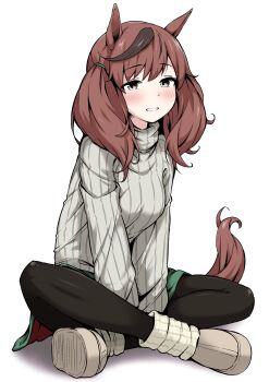 1girl absurdres animal_ears black_leggings blush boots breasts brown_eyes brown_hair commentary_request crossed_arms crossed_legs green_shorts highres horse_ears horse_girl horse_tail leggings leggings_under_shorts long_sleeves looking_at_viewer medium_breasts medium_hair multicolored_hair nice_nature_(umamusume) open_mouth ribbed_socks ribbed_sweater shijimi_(sijimi1917) shorts simple_background sitting smile socks solo streaked_hair sweater tail teeth twintails umamusume white_background white_socks white_sweater