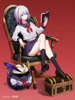 1girl absurdres alternate_costume artist_name black_shoes black_socks blue_eyes blue_sailor_collar blue_skirt book breasts chair closed_mouth coin colored_inner_hair commentary_request crop_top crossed_legs full_body grey_hair hair_between_eyes hair_ornament highres holding holding_book holding_coin honkai:_star_rail honkai_(series) large_variant_set loafers long_sleeves looking_at_viewer medium_breasts medium_hair midriff multicolored_hair nail_polish navel numby_(honkai:_star_rail) on_chair open_book paid_reward_available panties panty_peek pantyshot pink_hair red_background red_nails red_panties sailor_collar school_uniform shirt shoes sitting skirt smile socks streaked_hair thighs topaz_(honkai:_star_rail) treasure_chest trotter_(honkai:_star_rail) underwear variant_set white_shirt yunkaiming