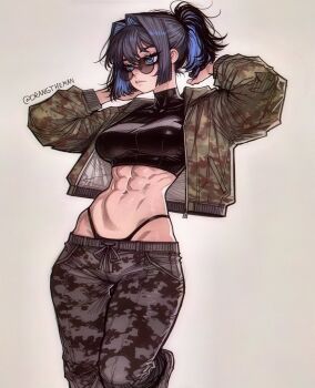 1girl abs black_hair blue_eyes blue_hair breasts camouflage camouflage_jacket camouflage_pants crop_top cropped_jacket expressionless groin hair_intakes highleg highleg_panties highres hololive hololive_english jacket large_breasts lowleg lowleg_pants midriff multicolored_hair orangtheman ouro_kronii panties pants ponytail round_eyewear short_ponytail solo standing standing_on_one_leg sunglasses underwear virtual_youtuber