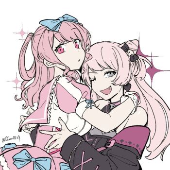 2girls bang_dream! bang_dream!_it&#039;s_mygo!!!!! black_bow black_dress bow chihaya_anon cone_hair_bun dress earrings grey_eyes guagua977 hair_bow hair_bun heart heart_earrings jewelry long_hair long_sleeves maruyama_aya multiple_girls one_eye_closed open_mouth pink_eyes pink_hair sanrio short_sleeves sparkle twitter_username