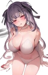 Rule 34 | 1girl, absurdres, bare shoulders, bikini, black ribbon, blush, breasts, cigarette, cleavage, collarbone, grey hair, hair ornament, hair ribbon, highres, large breasts, long hair, long sleeves, looking at viewer, navel, official alternate costume, original, parted lips, red eyes, ribbon, simple background, smoke, solo, swimsuit, thighs, twintails, white background, white bikini, zerocat