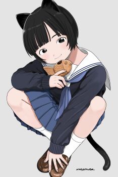 1girl absurdres animal_ears artist_name black_eyes black_hair black_sweater blue_neckerchief blue_skirt brown_shoes cat_ears cat_girl cat_tail closed_mouth commentary food food_bite from_above full_body grey_background highres holding holding_food knees_up loafers nagomurasan neckerchief original pleated_skirt sailor_collar school_uniform serafuku shoes short_hair simple_background sitting skirt smile socks solo sweater symbol-only_commentary tail taiyaki very_short_hair wagashi white_sailor_collar white_socks