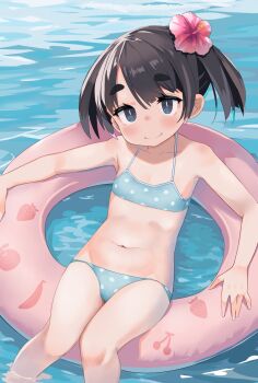 1girl bad_id bad_twitter_id bikini black_hair blue_bikini blue_eyes blush bright_pupils brown_hair flat_chest flower hair_flower hair_ornament hibiscus highres inactive_account innertube loli looking_at_viewer monomono navel on_innertube original polka_dot polka_dot_bikini smile solo stomach swim_ring swimsuit thick_eyebrows twintails water white_pupils