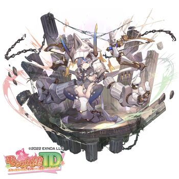 Rule 34 | 1girl, armor, aura, black gloves, black thighhighs, blue eyes, blue hair, blush stickers, bow (weapon), breasts, chain, commentary request, copyright logo, copyright name, copyright notice, covered navel, covering breasts, covering crotch, covering privates, disembodied hand, extra arms, eyebrows hidden by hair, full body, gloves, grey hair, hairband, hand on own hip, leotard, logo, looking at viewer, mechanical arms, monster girl, monster musume td, multicolored hair, official art, partially fingerless gloves, pillar, rakhion (monster musume td), rock, short hair, shoulder armor, simple background, sitting, small breasts, smile, so-taro, solo, spread legs, squatting, star (symbol), star print, streaked hair, thick eyebrows, thighhighs, weapon, white background, white hair