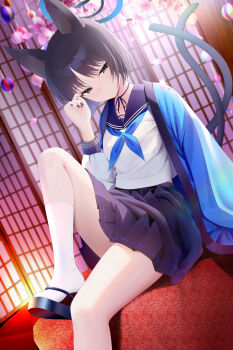 Rule 34 | 1girl, absurdres, animal ear fluff, animal ears, black hair, black nails, black sailor collar, black skirt, blue archive, blue neckerchief, cat ears, cat girl, cat tail, chcc331899, chinese commentary, closed mouth, commentary request, highres, indoors, kikyou (blue archive), knee up, long sleeves, looking at viewer, neckerchief, pleated skirt, sailor collar, school uniform, serafuku, shirt, short hair, sitting, skirt, socks, solo, tail, white shirt, white socks