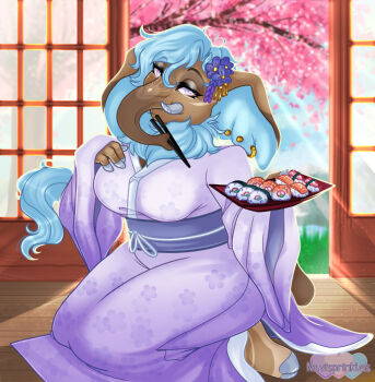 1girl animal_ears artist_name blue_hair cherry_blossoms chopsticks elephant_ears elephant_girl food furry furry_female highres holding holding_plate indoors japanese_clothes kimono kneeling looking_at_viewer nala_elephant navisprinkles original plate purple_kimono solo sushi tusks wooden_floor