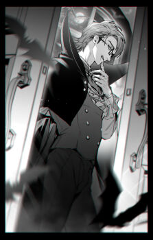 1boy ace_of_diamond black_border border buttons commentary_request eyes_visible_through_eyewear full_moon glasses greyscale highres long_sleeves looking_at_viewer male_focus miyuki_kazuya monochrome moon open_door pants rectangular_eyewear renorenoko short_hair sideburns solo standing vampire_costume