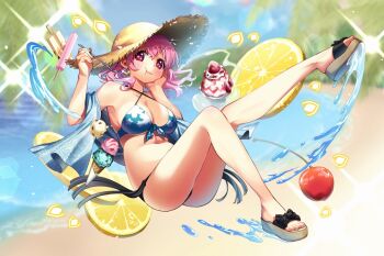 1girl beach bikini blue_bikini blurry blurry_background breasts eating food fruit happy ice_cream kapuchii lemon ocean pink_eyes pink_hair saigyouji_yuyuko sandals smile solo summer sundae swimsuit touhou