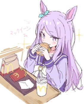 akure1129 animal_ears aqua_bow bow burger ear_bow ear_ribbon eating food french_fries glutton horse_ears horse_girl horseshoe_ornament mcdonald&#039;s mejiro_mcqueen_(umamusume) potato purple_eyes purple_hair purple_shirt sailor_collar sailor_shirt school_uniform shirt swept_bangs tracen_school_uniform