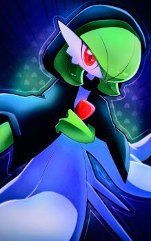 bob_cut cloak colored_skin dress gardevoir gen_3_pokemon green_hair green_skin hair_over_one_eye looking_at_viewer multicolored_skin nintendo pokemon pokemon_(creature) red_eyes two-tone_skin white_dress white_skin yuri_(fl0werspace)