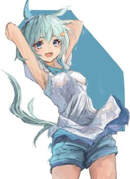 1girl animal_ears armpits arms_behind_head blue_eyes blue_shorts blush commentary_request ear_covers flower grey_hair hair_between_eyes hair_flower hair_ornament hairclip horse_ears horse_girl horse_tail looking_at_viewer open_mouth seiun_sky_(umamusume) shirt short_hair shorts single_ear_cover smile solo sunflower sunflower_hair_ornament tail umamusume white_shirt yanagi_wakana