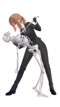 1girl absurdres black_necktie black_pants black_shoes black_suit brown_eyes brown_hair commission dancing formal_clothes highres holding leaning_forward low_ponytail necktie non-web_source original pants ponytail shoes simple_background skeleton smile solo suit waltz_(dance) white_background