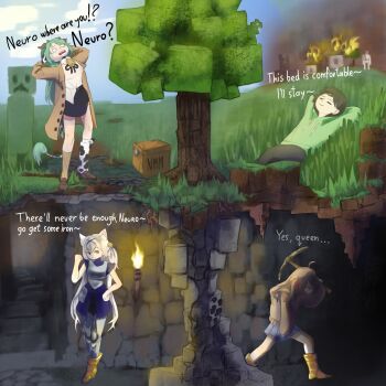 1boy 3girls ahoge animal_ears armor arms_behind_head asymmetrical_legwear bell black_hair black_pants black_skirt blank_eyes blue_shirt blue_skirt boots breastplate brown_boots brown_coat brown_shoes brown_socks burning burning_building cardigan cat_ears cat_girl clenched_hands closed_eyes coat collared_shirt commentary cow_ears cow_girl cow_horns cow_print_socks cow_tail creeper crelly_(vtuber) crying crying_with_eyes_open day drawstring english_commentary english_text filian_(vtuber) fire green_hair green_hoodie hair_bell hair_between_eyes hair_ornament hair_ribbon hand_on_own_hip highres holding holding_pickaxe hood hoodie horns hunched_over leg_armor loafers long_hair lying minecraft miniskirt multiple_girls neck_bell neck_ribbon neuro-sama nightmaremask07 on_back on_grass open_mouth outdoors pants partially_underground_shot pickaxe pleated_skirt raised_eyebrows ribbon school_uniform serafuku shirt shoes skirt smile socks stairs standing stone_stairs stone_wall tail tears teeth torch tree turtleneck two_side_up underground upper_teeth_only vedal_ai village walking white_hair white_shirt x_hair_ornament yellow_cardigan