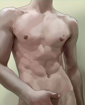 1boy abs collarbone commentary_request completely_nude cowboy_shot from_front groin hand_on_own_stomach head_out_of_frame highres korean_commentary male_focus mole mole_on_pectoral navel nipples nude original outline pectorals realistic simple_background solmuk0 solo toned toned_male upper_body