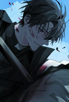 Rule 34 | 2boys, black coat, black eyes, black hair, blood, blood on clothes, blood on face, blood splatter, bloody weapon, clenched teeth, coat, commentary request, crying, crying with eyes open, falling feathers, feathers, highres, holding, holding sword, holding weapon, impaled, keomikan, kim dokja, korean commentary, male focus, multiple boys, omniscient reader's viewpoint, open clothes, open coat, popped collar, short hair, sword, tears, teeth, upper body, weapon, white coat, yoo joonghyuk