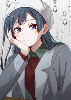 Rule 34 | 1girl, beret, black hair, blush, closed mouth, coat, collared shirt, commentary, elbow on table, green shirt, grey coat, grey eyes, hat, head rest, highres, long hair, long sleeves, looking at viewer, love live!, love live! nijigasaki high school idol club, love live! nijigasaki high school idol club the movie - finale, one side up, open clothes, open coat, red sweater, shirt, skt (ryxxxxx), solo, sweater, white hat, yuki setsuna