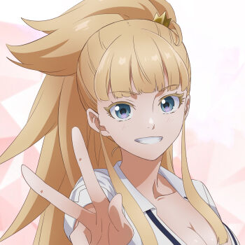 1girl blonde_hair blue_eyes breasts cleavage kekkon_yubiwa_monogatari large_breasts long_hair looking_at_viewer nonaka_himeno official_art smile solo