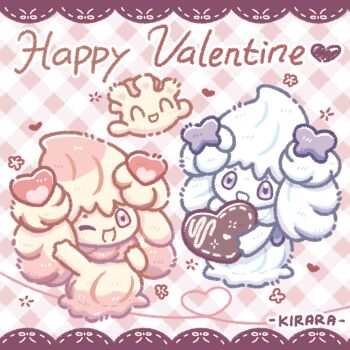 Rule 34 | ^ ^, alcremie, alcremie (love sweet), alcremie (ribbon sweet), alcremie (ruby swirl), alcremie (salted cream), artist name, candy, chocolate, chocolate heart, closed eyes, commentary request, evolutionary line, food, full body, gen 8 pokemon, happy valentine, heart, heart-shaped food, holding, holding chocolate, holding food, kirara (kirara-cecilvenes), milcery, nintendo, one eye closed, open mouth, pink eyes, plaid background, pokemon, pokemon (creature), pokemon focus, purple eyes, smile
