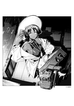 1girl :3 absurdres arm_up armpits artist_name backpack bag blush border breasts chinese_commentary dark-skinned_female dark_skin gloves gun hat highres id_card jacket kriss_vector lanyard original outside_border selfie shirt shizuoxing_kof short_hair single_glove sitting sleeveless sleeveless_shirt submachine_gun unworn_backpack unworn_bag weapon white_border