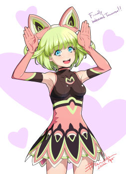 1girl animal_ear_hairband animal_ears aqua_eyes armpits arms_up baiola bare_shoulders blush breasts commentary_request cowboy_shot dated elbow_gloves english_text eyelashes fake_animal_ears gloves green_hair hairband heart heart_background highres lara_tchaikoskaya medium_hair open_mouth pink_gloves signature smile solo teeth tiger_&amp;_bunny upper_teeth_only