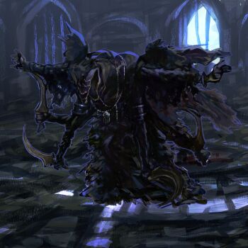 Rule 34 | 1girl, absurdres, black hood, black robe, black wings, bloodborne, boss fight, commentary, english commentary, extra arms, full body, highres, holding, holding sickle, holding weapon, in-universe location, meltted, mergo's wet nurse, robe, sickle, solo, standing, weapon, wings