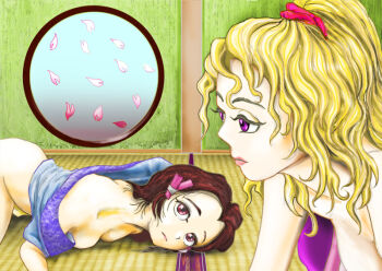2girls ass bare_shoulders blonde_hair blue_kimono brown_hair cherry_blossoms commentary_request hair_ribbon high_ponytail japanese_clothes kams kimono looking_at_another lying multiple_girls nude pink_eyes ponytail purple_eyes red_lips ribbon saigyouji_yuyuko touhou window yakumo_yukari