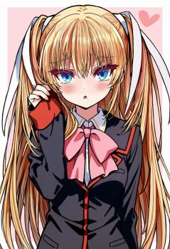 1girl arm_at_side black_jacket blonde_hair blue_eyes blush border bow bowtie chestnut_mouth collared_shirt commentary_request eyelashes eyes_visible_through_hair furrowed_brow gensou_roukaku hair_between_eyes hair_ribbon hand_up heart highres jacket little_busters! little_busters!_school_uniform long_hair long_ribbon looking_at_viewer open_mouth outside_border pink_background pink_bow pink_bowtie ribbon school_uniform shirt simple_background sleeves_past_wrists solo straight-on straight_hair tokido_saya two_side_up upper_body very_long_hair white_border white_ribbon white_shirt