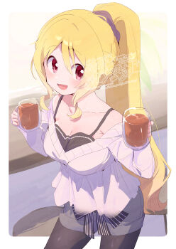 1girl :d bare_shoulders black_camisole black_pantyhose blonde_hair blush border breasts camisole cardigan cleavage collarbone commentary_request cowboy_shot cup dot_nose drink drinking_glass grey_shorts hair_between_eyes highres holding holding_cup large_breasts long_hair magia_record:_mahou_shoujo_madoka_magica_gaiden mahou_shoujo_madoka_magica off_shoulder open_mouth outside_border pantyhose pantyhose_under_shorts ponytail red_eyes serizawa_serizane shorts smile solo spaghetti_strap togame_momoko watermark white_border white_cardigan