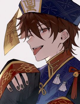 1boy bell black_nails brown_hair ensemble_stars! fingernails hand_up highres jiangshi jiangshi_costume looking_at_viewer male_focus mandarin_collar meohaji morisawa_chiaki nail_polish official_alternate_costume one_eye_closed short_hair sideways_glance simple_background sleeves_past_wrists solo sweet_halloween_(ensemble_stars!) teeth tongue tongue_out upper_body upper_teeth_only