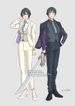 Rule 34 | 2girls, alternate costume, aqua necktie, black gloves, breasts, burn scar, formal clothes, full body, gloves, green hair, grey background, grin, high heels, holding, holding sword, holding weapon, jujutsu kaisen, medium breasts, multiple girls, necktie, scar, scar on arm, scar on face, shoes, short hair, siblings, signature, sisters, smile, split soul katana (jujutsu kaisen), suit, sword, tie clip, twins, vest, weapon, white shoes, white suit, yuto (yut0x0), zen'in mai, zen'in maki, zen'in maki (post shibuya)