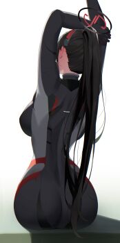 1girl absurdres arms_up ass black_bodysuit black_hair blue_archive bodysuit breasts commentary_request from_behind halo hand_on_own_arm highres large_breasts long_hair official_alternate_costume official_alternate_hairstyle ponytail red_halo rio_(armed)_(blue_archive) rio_(blue_archive) solo ziroqon