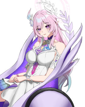 1girl absurdres aqua_hair breasts commentary cyrene_(honkai:_star_rail) cyrene_(ripples_of_past_reverie)_(honkai:_star_rail) english_commentary flower gradient_hair hair_flower hair_ornament halo highres honkai:_star_rail honkai_(series) large_breasts long_hair looking_at_viewer multicolored_hair pink_hair pointy_ears purple_eyes rafxeed simple_background solo very_long_hair wheelchair white_background white_hair