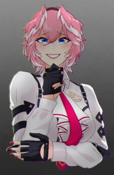 Rule 34 | 1girl, black gloves, blue eyes, breasts, fingerless gloves, gloves, hair between eyes, hairband, head wings, highres, hololive, large breasts, long sleeves, looking at viewer, necktie, pink hair, puffy sleeves, ringo 21 a, shirt, short hair, smile, solo, takane lui, takane lui (1st costume), virtual youtuber, white shirt, wings