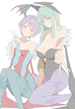 2girls absurdres animal_print bare_shoulders bat_print black_leotard blue_pantyhose breasts cleavage darkstalkers demon_girl demon_wings green_eyes green_hair head_wings highres large_breasts leotard levvellevvel lilith_(darkstalkers) long_hair morrigan_aensland multiple_girls multiple_wings pantyhose print_pantyhose purple_hair purple_pantyhose red_eyes red_leotard short_hair simple_background small_breasts v white_background wings