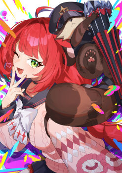 1girl absurdres ahoge black_hat black_skirt blush braid cardigan chawarabi commentary_request green_eyes hair_ornament hat hearing_aid heart highres holding holding_umbrella kamanosuke_(zenless_zone_zero) long_hair low_twin_braids one_eye_closed open_mouth pink_cardigan pink_shirt pleated_skirt raccoon red_hair shirt skirt sphere_hair_ornament tanuki twin_braids ukinami_yuzuha umbrella very_long_hair zenless_zone_zero