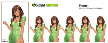 1girl abiboge absurdres artist_name black_choker braid breasts brown_hair choker cleavage clenched_teeth commentary commission covered_navel dark-skinned_female dark_skin dress english_commentary green_dress green_eyes green_nails highres low_twin_braids medium_breasts multiple_expressions original raised_eyebrows side_slit smile surprised teeth twin_braids vgen_commission watermark web_address