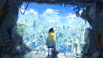 1girl absurdres backpack bag bird black_hair black_shorts blue_sky bonnodori1 building city cityscape cloud day facing_away from_behind highres holding hood hood_down jacket long_sleeves moss original outdoors overgrown plant post-apocalypse ruins scenery short_hair shorts sky skyscraper solo standing wide_shot yellow_jacket
