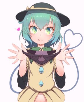 1girl :q black_hat black_panties blush bottomless closed_mouth commentary_request frilled_shirt_collar frills green_eyes green_hair groin harunoha hat heart heart_of_string highres holding holding_panties holding_underwear holding_unworn_clothes komeiji_koishi long_sleeves looking_at_viewer out-of-frame_censoring panties shirt short_hair simple_background smile solo tongue tongue_out touhou underwear upper_body white_background yellow_shirt