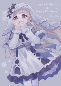 1girl absurdres blonde_hair breath capelet cold commentary_request covering_own_mouth cross cross_earrings dress earrings feet_out_of_frame frilled_dress frills fur-trimmed_capelet fur_trim gloves grey_capelet grey_eyes hands_up happy_birthday highres hikami_meruru jewelry long_hair long_sleeves looking_at_viewer mahou_shoujo_no_majo_saiban merry_christmas priestess runa_(runa7733) snowflakes solo standing veil white_dress white_gloves white_veil