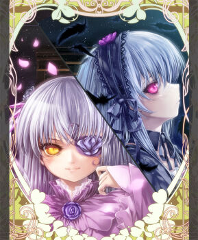 Rule 34 | 2girls, barasuishou, black collar, black hairband, black ribbon, closed mouth, collar, detached collar, feathers, flower, flower eyepatch, frilled shirt, frills, grey hair, hair ribbon, hairband, lolita hairband, long hair, looking at viewer, misaki (kyal 001), multiple girls, neck ribbon, petals, pillarboxed, pink eyes, purple flower, purple rose, purple shirt, ribbon, rose, rozen maiden, shirt, smile, split theme, suigintou, yellow eyes