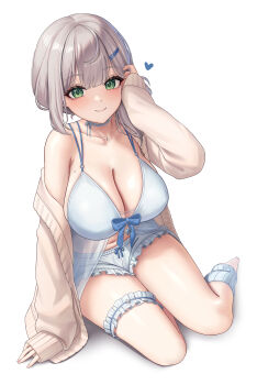 1girl absurdres alternate_costume bikini blue_bikini blue_shorts blue_socks breasts brown_sweater cleavage closed_mouth green_eyes grey_hair hair_ornament hairpin heart highres hololive large_breasts long_hair long_sleeves looking_at_viewer mole mole_on_breast shirogane_noel shorts simple_background sitting sleeves_past_wrists smile socks solo subob_(subobdesu) sweater swimsuit virtual_youtuber white_background