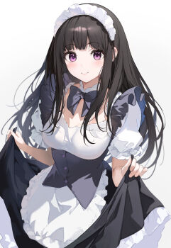 Rule 34 | 1girl, alternate costume, apron, black bow, black bowtie, black hair, blush, bow, bowtie, chitanda eru, closed mouth, commentary request, cowboy shot, detached sleeves, enmaided, frilled apron, frills, gradient background, highres, hyouka, light smile, long hair, looking at viewer, maid, maid apron, maid headdress, puffy short sleeves, puffy sleeves, purple eyes, short sleeves, simple background, skirt hold, sola (solo0730), solo, white apron, white headdress