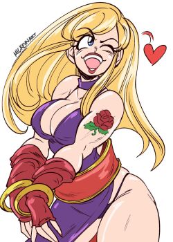 Rule 34 | 1girl, b. jenet, backless dress, backless outfit, belt, blonde hair, blue eyes, bracelet, breasts, choker, cleavage, dress, fatal fury, fingerless gloves, garou: mark of the wolves, gloves, gold bracelet, jewelry, large breasts, lipstick, long hair, makeup, nail polish, open mouth, panties, purple dress, rose tattoo, skirt, smile, snk, solo, teeth, the king of fighters, underwear