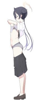 absurdres ass black_hair blue_archive blush bra braid braided_bun breasts clothes_lift collared_shirt double_bun ear_blush from_side hair_bun hair_ornament halo highres kisaki_(blue_archive) kisaki_(school_uniform)_(blue_archive) lifting_own_clothes loafers navel panties s10021 shirt shirt_lift shoes simple_background skirt_around_thighs small_breasts twintails underwear undressing