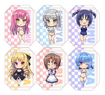6+girls aizawa_sakuya apron bikini blonde_hair blue_hair breasts brown_hair chibi cleavage dress folded_ponytail green_eyes grey_hair hayate_no_gotoku! katsura_hinagiku large_breasts long_hair maid maria_(hayate_no_gotoku!) multiple_girls nishizawa_ayumu pink_hair purple_hair red_eyes school_swimsuit short_hair suirenji_ruka swimsuit tennousu_athena thighhighs twintails underboob yellow_eyes