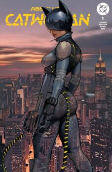 1girl absolute_batman absolute_dc animal_ear_helmet animal_ears_helmet animal_helmet arms_at_sides ass assault_rifle black_gloves black_hair bodysuit breasts cat_helmet catsuit catwoman_(absolute_dc) city city_lights cityscape cloud cloudy_sky commentary covered_eyes cowboy_shot dc_comics english_commentary english_text from_behind gloves gun helmet helmet_over_eyes highres holding holding_weapon ivan_talavera legs_apart looking_at_viewer looking_back mechanical_tail medium_breasts multicolored_suit on_rooftop outdoors parted_lips reflective_clothes reflective_mask reflective_weapon rifle signature sky solo standing tail twilight weapon western_comics_(style)