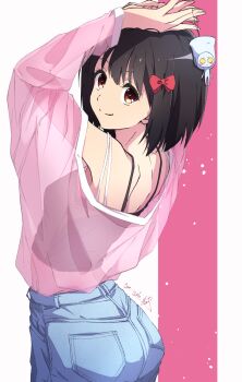 Rule 34 | 1girl, arms up, ass, black camisole, black hair, blue pants, bow, camisole, commentary request, cowboy shot, denim, hair bow, hibike! euphonium, highres, hisaishi kanade, jeans, nii manabu, pants, pink shirt, red bow, red eyes, see-through clothes, see-through shirt, shirt, short hair, solo