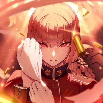1girl absurdres adjusting_clothes adjusting_gloves artist_name braid bullet commentary_request fate/grand_order fate_(series) florence_nightingale_(fate) glint gloves highres jacket long_hair mutai4649 red_eyes red_jacket serious solo twitter_username v-shaped_eyebrows watermark white_gloves